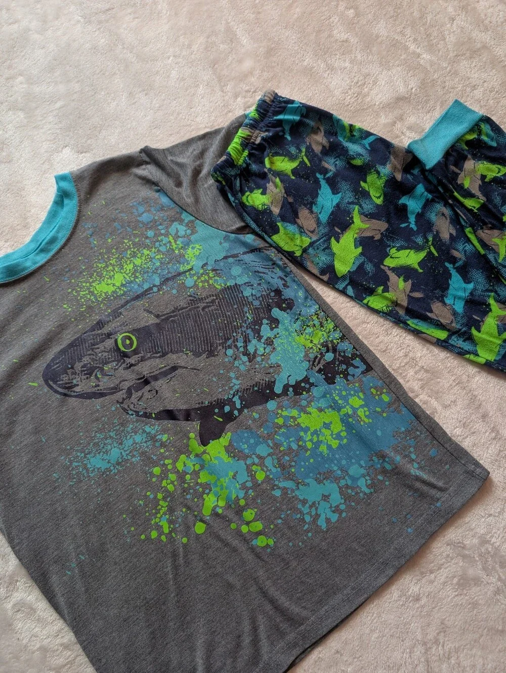 Jellifish Kids Boys Shark Pajama Sleep Set Short Sleeve Top Jogger Pants XL